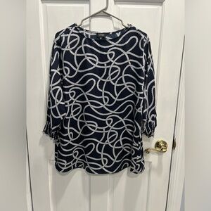 JONES NEW YORK Navy White Rope Nautical Cruise Blouse 3/4 Sleeve SZ XS Pre Loved